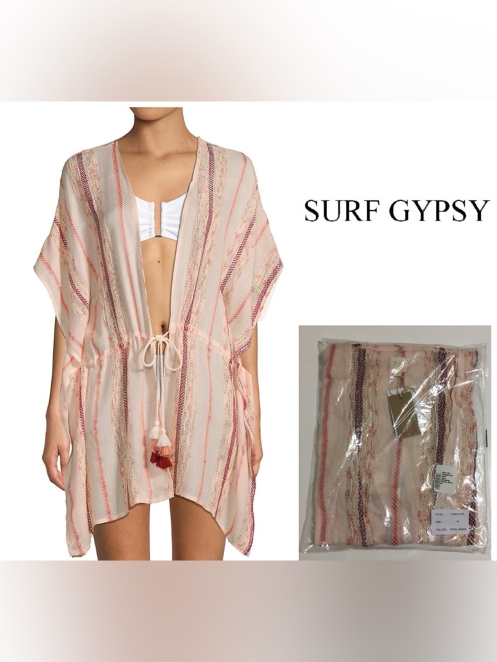 🆕SURF GYPSY - M - NWT - CORAL / PINK WEAVE SWIM KAFTAN / BEACH COVER UP TUNIC